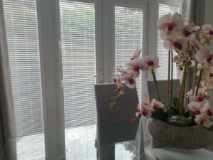 Pink flowers on a glass table in the foreground with white Venetian blinds closed over patio doors in the background.
