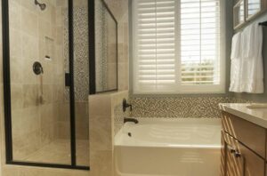 A pair of shutters set up in a bathroom, showing the quality look of bathroom shutters.
