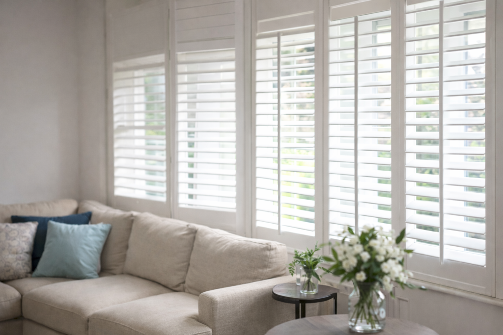 Bright modern living room with white plantation shutters fitted to large bay windows, allowing natural light through, with a beige sofa and neutral décor.