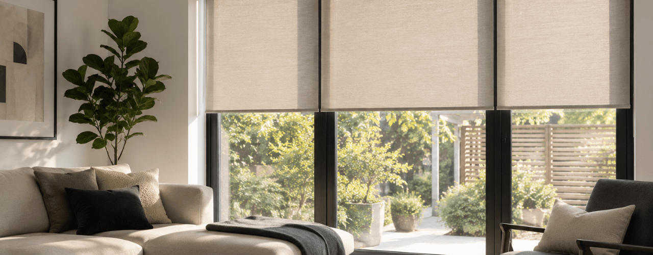 High-quality roller blinds installed in a south-facing living room to reduce glare, improve privacy and manage natural sunlight.