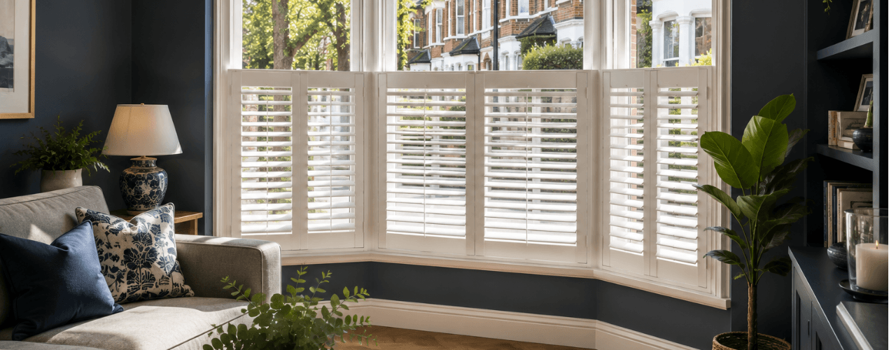 Cafe style shutters fitted to a street-facing bay window in a modern living room, providing daytime privacy while allowing natural light into the home.