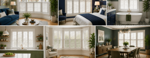 shutters fitted across multiple rooms in a Liverpool home, demonstrating privacy solutions for living rooms, bedrooms, kitchens, bathrooms and bay windows.