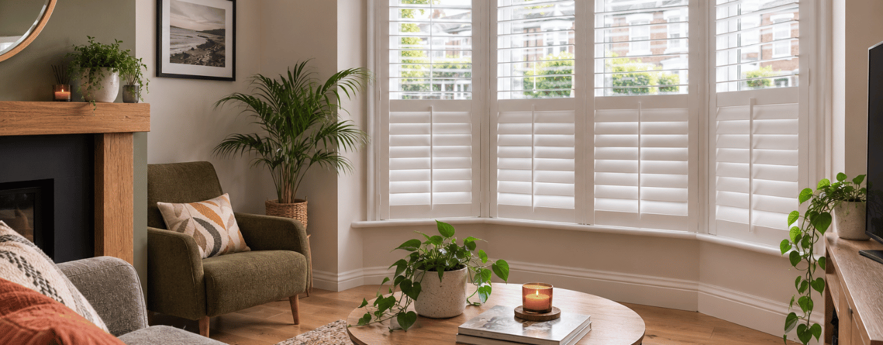 Bay window shutters in a street-facing living room