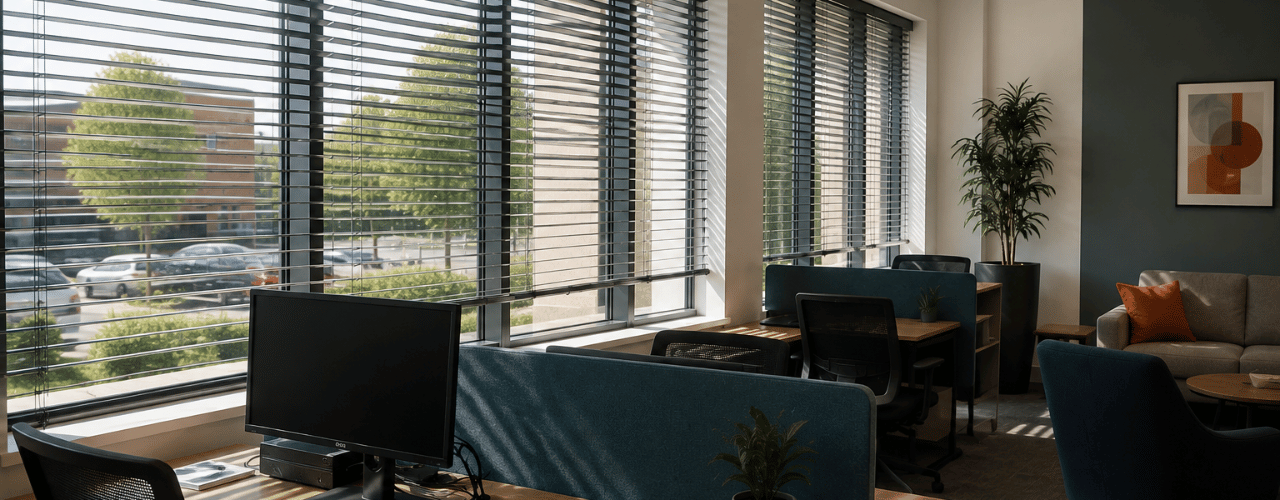 Office blinds controlling natural light and reducing screen glare across workstations in a modern hybrid workspace.