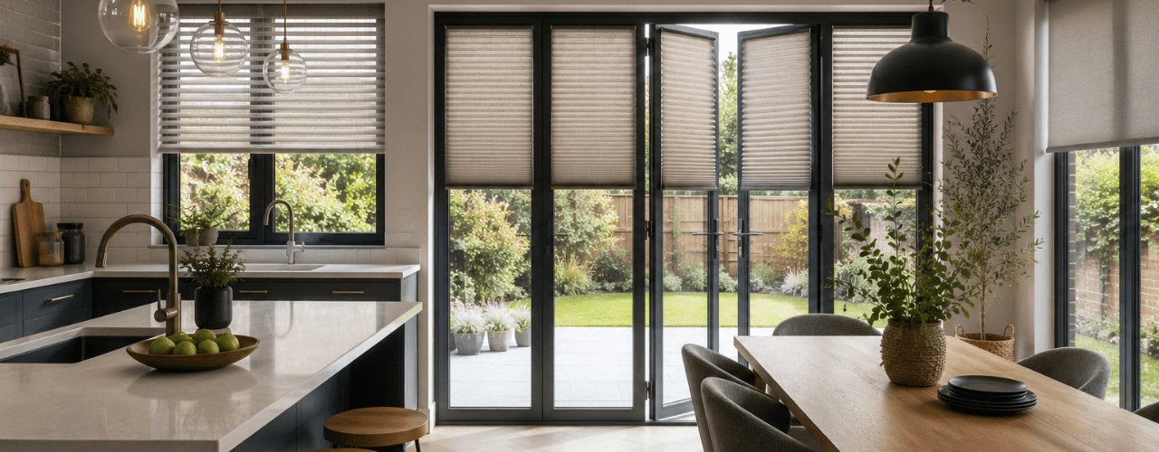 Modern open-plan kitchen diner with faux wood Venetian blinds and door blinds, showcasing the best blinds for kitchen diners and glazed doors.