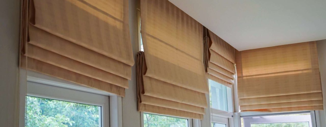 brown roman blind shade curtain tree forest mountain background living room